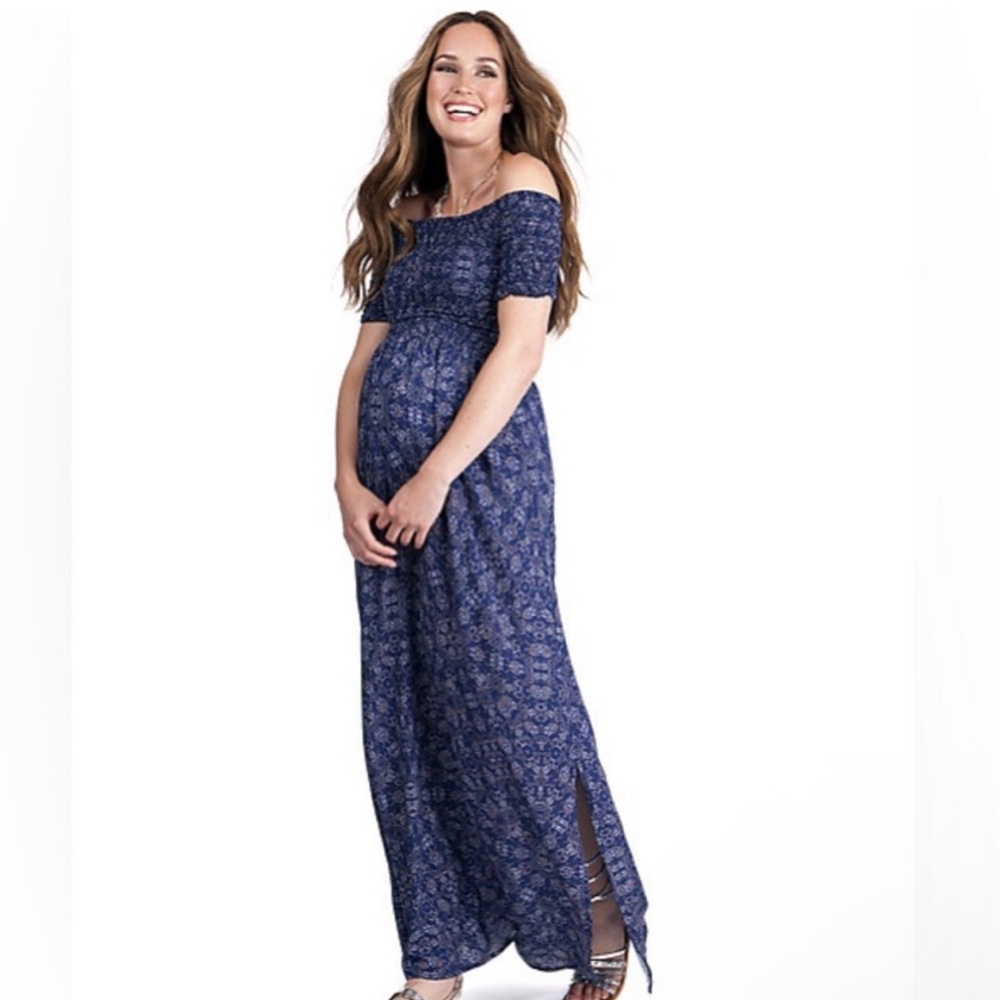Seraphine Cara Off Shoulder Maternity Maxi Dress Shirred Navy Blue 4